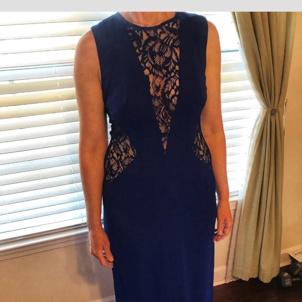 Badgley Mischka Navy Blue Lace Panel Sleeveless Evening Dress
